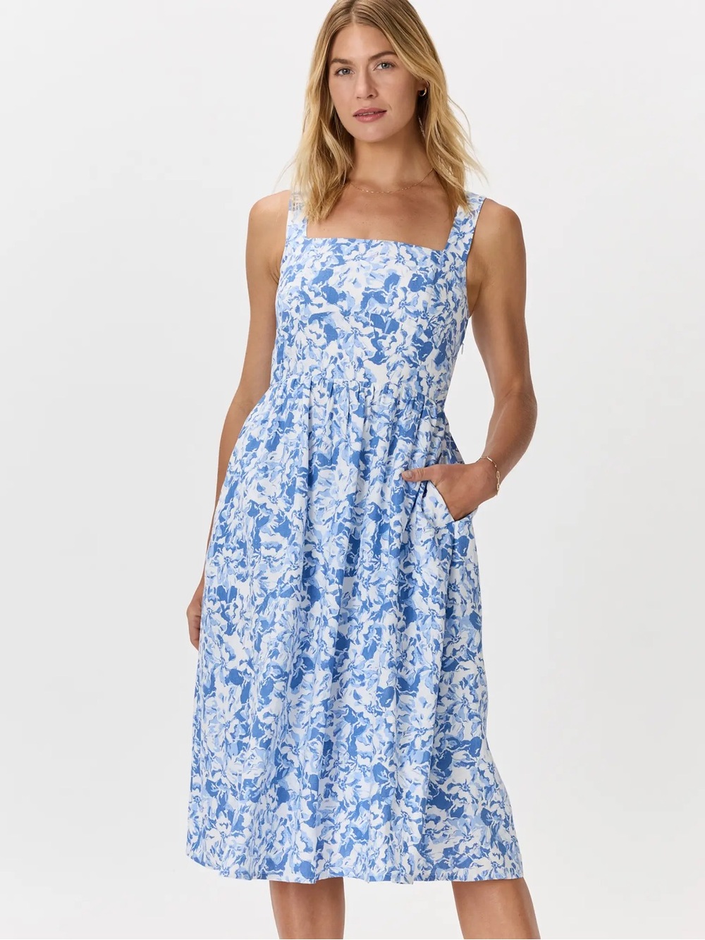 Quince 100% European Linen Fit & Flare Blue & White Floral Midi Dress Size Med